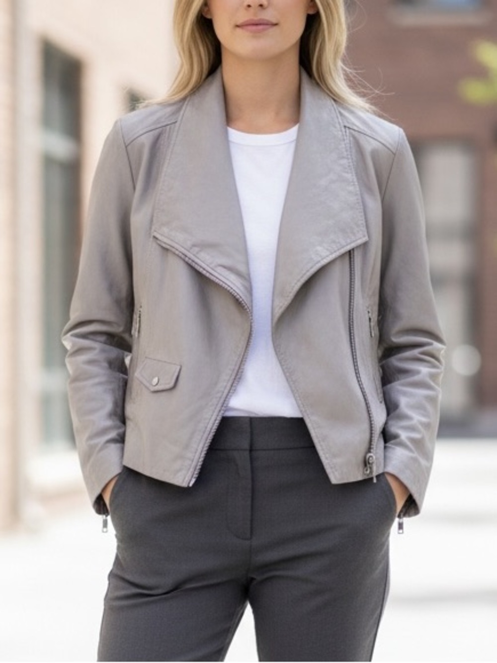 BB Dakota Leather Moto Jacket Taupe XS